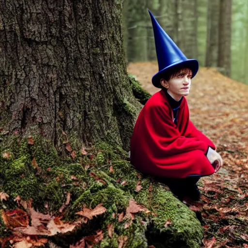 Image similar to super close up portrait of wirt from over the garden wall. a 1 6 years old gloomy awkward boy with big brown eyes and shaggy brown hair wearing a red dunce hat and a blue navy cape, standing in the forest, kodachrome photograph, 1 9 9 5, 4 k, canon, flash photography