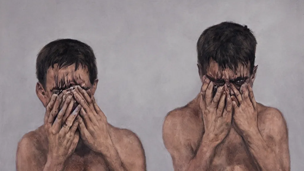Image similar to mirrorpunk fraternal portrait of a crying young dude 3 3 years old, with violence