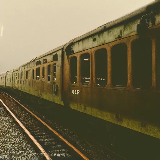 Prompt: 1990s perfect 8K HD professional cinematic photo of a train in dystopian city, at evening during rain, at instagram, Behance, Adobe Lightroom, with instagram filters, depth of field, taken with polaroid kodak portra