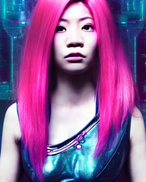 Image similar to portrait of a beautiful asian woman with pink hair as a cyberpunk cyborg, sci - fi, missing panels, intricate abstract upper body intricate artwork, concept art, octane render, deviantart, cinematic, key art, hyperrealism, iridescent accents, portrait photograph, nikon 3 5 mm, photograph by annie leibovitz and steve mccurry, greg rutkowski