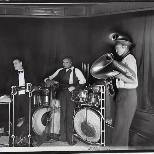 Prompt: jazz musicians playing in a dimly lit club, vintage photography, intricate details, 8k, black and white, 1930s, golden age