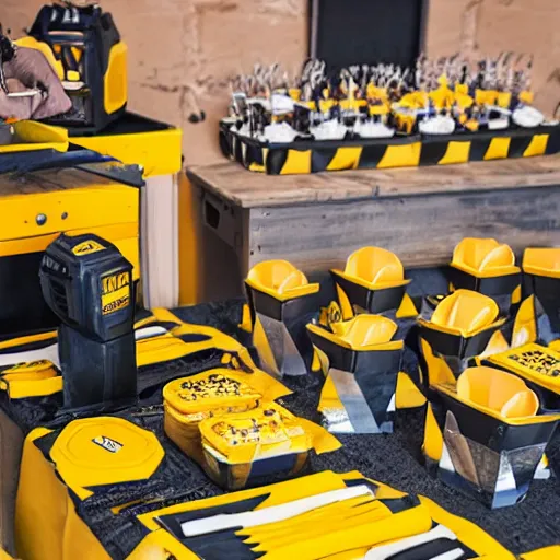 Image similar to a dewalt themed birthday party with everyone dressed as construction workers, 4k, realism, photorealistic, detailed, dewalt, power drills