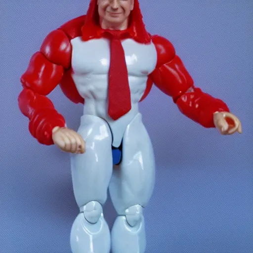 Prompt: 1980s plastic vinyl action figure toy of a L Ron Hubbard with muscular arms, studio photography isolated on a white background