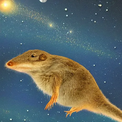 Prompt: robotic giant shrew swimming in the milky way galaxy