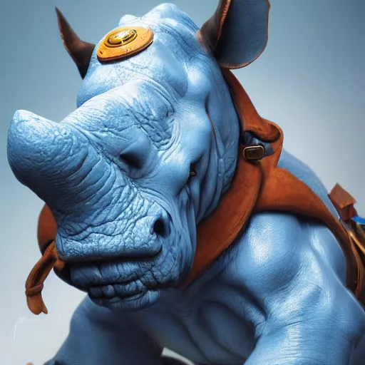 Prompt: A blue rhino wearing adventurer's clothing, highly detailed, digital painting, artstation, concept art, smooth, sharp focus, studio light, by Justin Gerard,