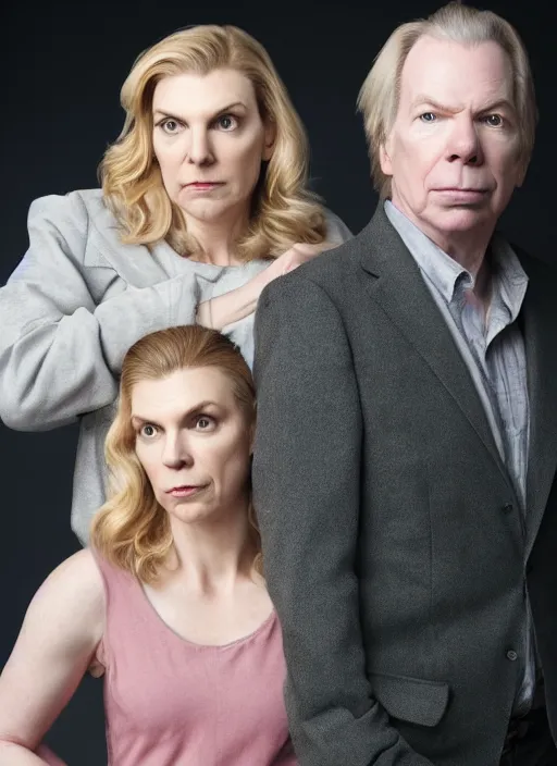 Image similar to portrait of michael mckean and rhea seehorn, baroque portrait, realistic, serious, dark backround