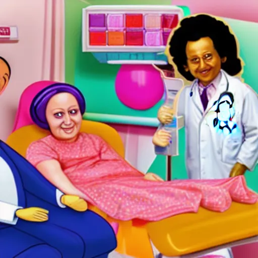 Image similar to photo of a happy patient and doctor or nurse in a hospital room made out of soft candy, candy hospital equipment, candy hospital room, candy treatments, oompa loompa virus, willy wonka pandemic