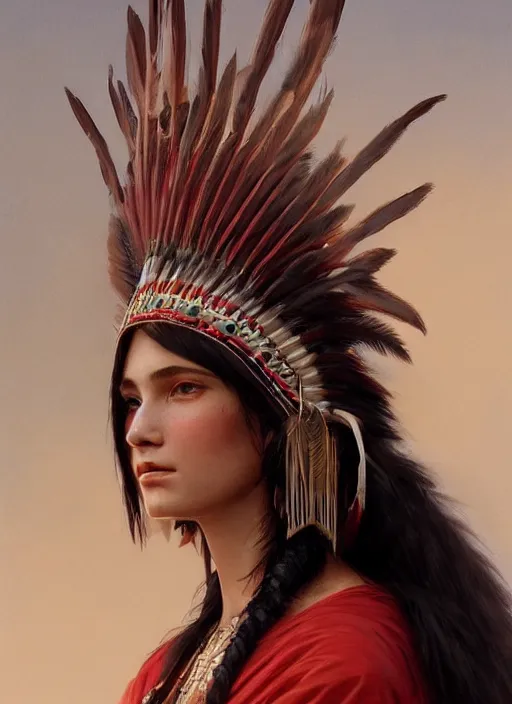 Prompt: gorgeous redskin woman wearing headdress, intricate, elegant, highly detailed, artstation, concept art, smooth, sharp focus, illustration, art by greg rutkowski and stefan kostic and bouguereau