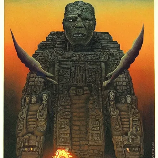 Image similar to giant mayan joe biden!!!!!!!!!!!!!!!!!!!!!!!! with flaming eyes standing over city, perfectly clear face, by j. c. leyendecker and beksinski