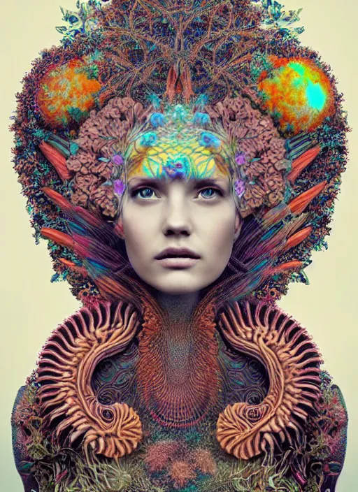 Image similar to ridiculously beautiful young womans face, radiating psychedelics, portals into nature, coral, birds, symmetrical, in the style of ernst haeckel, effervescent, sacred geometry, warm, surrealism, photo realistic, epic and cinematic,