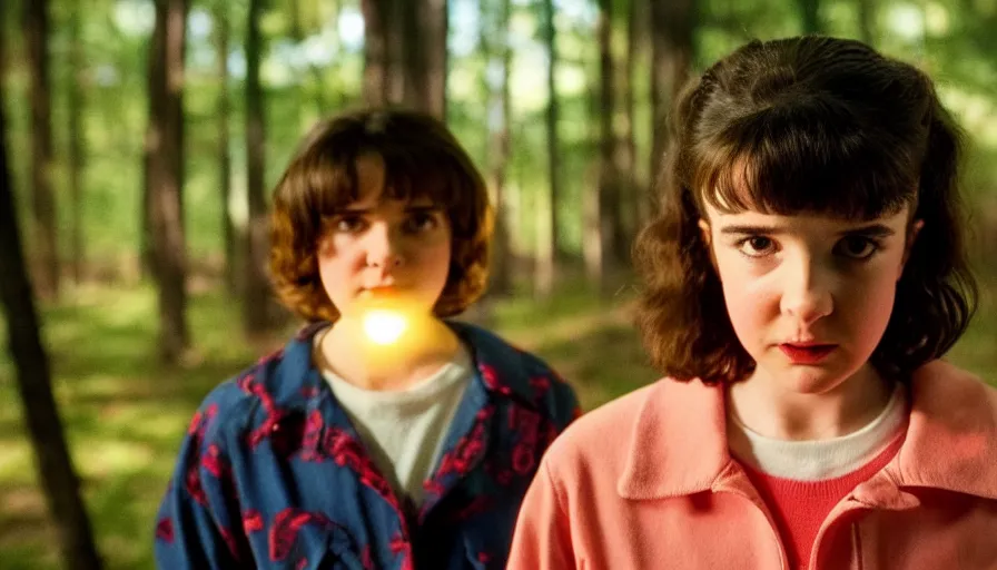 Image similar to stranger things scene featuring a young kate bush as Nancy Wheeler, dramatic lighting, cinematic