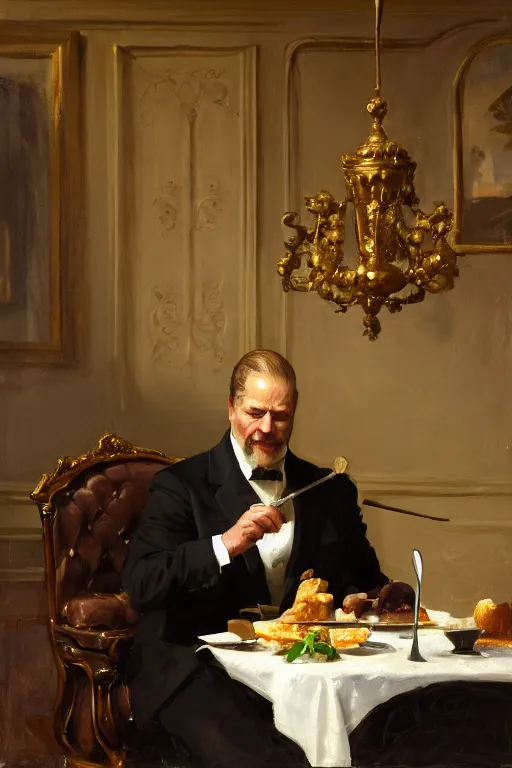 Prompt: portrait of a respectable dignified royal business elite politician sitting at a finely set table with a fork and knife about to consume an entire stick of butter, official fanart behance hd artstation, master painting solomon joseph solomon and richard schmid and jeremy lipking victorian genre painting portrait painting