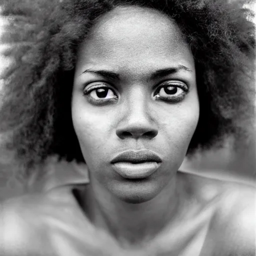 Image similar to portrait, extreme close up, sepia, beautiful light - skin woman, afro hair, stares at the camera, night sky, stars, bruce gilden, leica s, fuji 8 0 0, grainy, low light