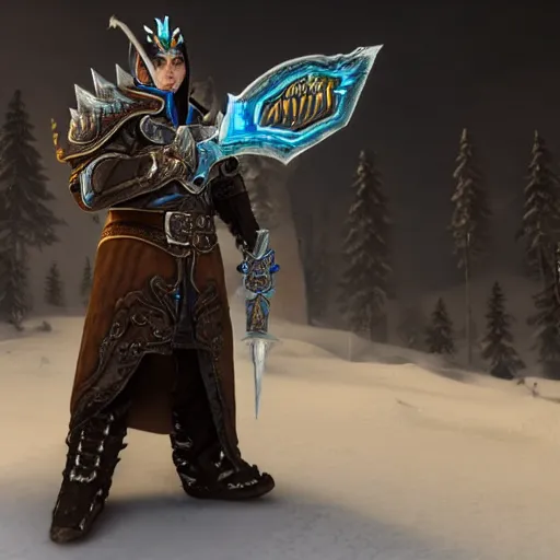 Image similar to 4 k unreal engine render of garen wearing frozen lich king's armor with frostmourne ultra details full body digital art