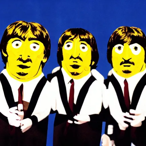 Prompt: portrait of The Beatles performing onstage except they are actual bees with faces like bees