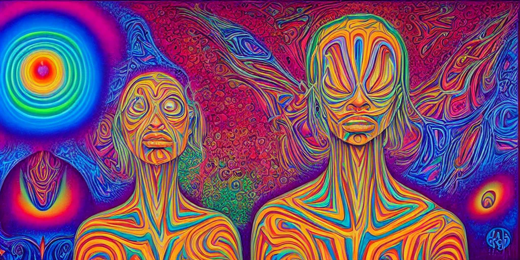 Image similar to love conciousness ( ( ( psychedelic dripping color ) ) ), detailed painting by painting by pablo amaringo alex grey