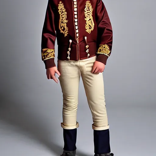 Image similar to teenage Caucasian boy modeling malacca sultanate jacket