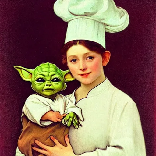 Prompt: baby yoda as a chef wearing a white apron and wearing a white chef's hat, by Jan van Eyck, by alphonse mucha