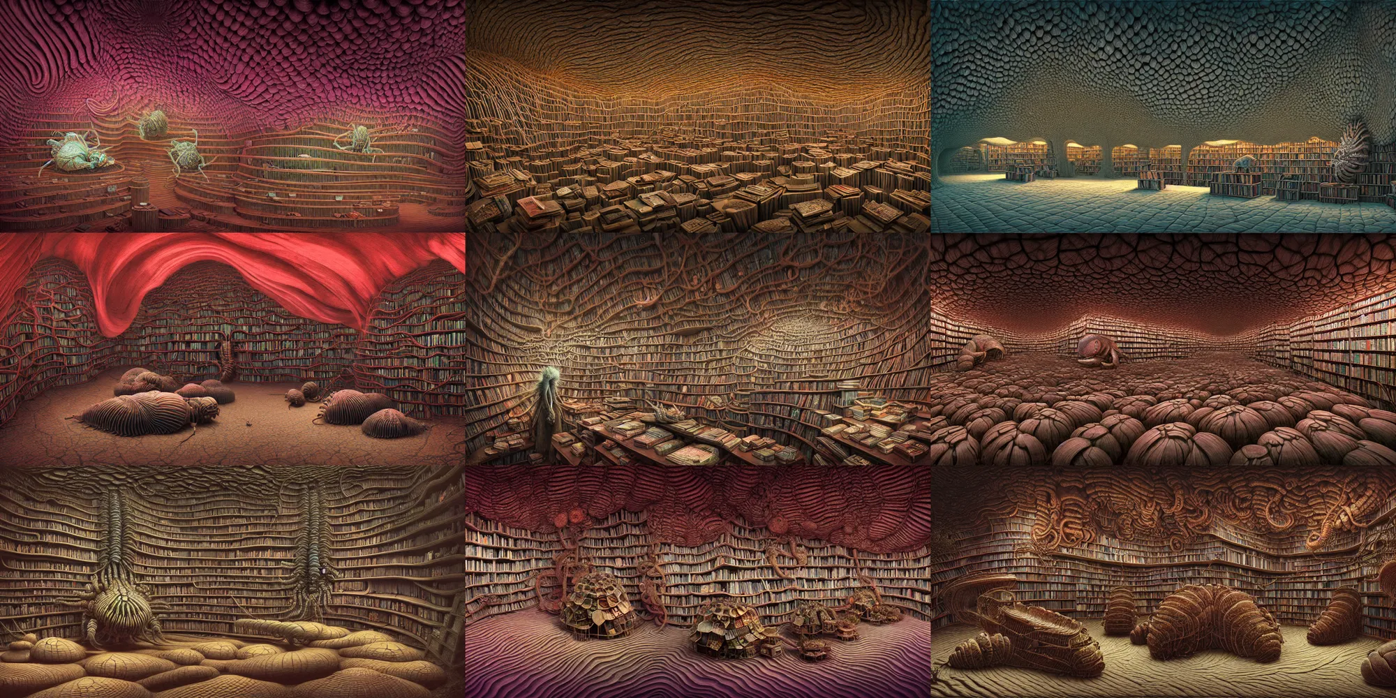 Prompt: insanely detailed generative render of the bookshop of giant isopods, masterwork, aerochrome eyes, fungal pages, liminal bookshop, by Mark Ryden, Moebius, zdzisław beksiński, houdini, siggraph, threadlike, renderfarm