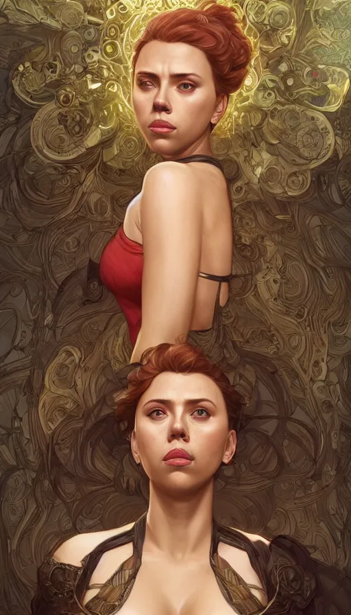 Image similar to scarcity, fibonacci, sweat drops, insane, scarlett johansson, intricate, highly detailed, digital painting, artstation, concept art, smooth, sharp focus, illustration, Unreal Engine 5, 8K, art by artgerm and greg rutkowski and alphonse mucha