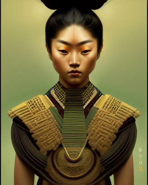 Prompt: symmetry, samurai, lines, brown skin, green iris, machine face, intricate, elegant, highly detailed, digital painting, artstation, cgsociety, concept art, smooth, sharp focus, pigment, illustration, art by camille corot and karol bak and kim tschang yeul, 8 k