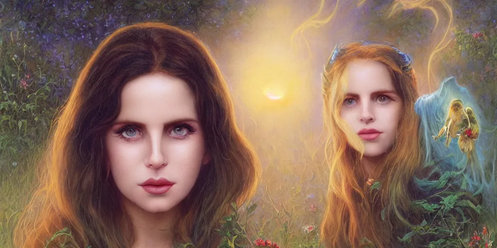 Image similar to big-eyed Lana Del Rey staring into the camera, sundown misty firefly wisps, Lilia Alvarado, Sophie Anderson, Mark Arian, Bob Byerley, Charlie Bowater, Mark Brooks, Steve Henderson, Justin Gerard, Arthur Hughes, Edward Robert Hughes, Mark Keathley, Victor Nizovtsev, Carlos Shwabe, Ross Tran, WLOP