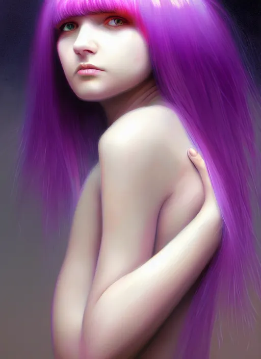 Image similar to hair whitebangs hair, black hair, blackbangswhitehair, portrait of teenage girl with white bangs, red irises, purple clothes, white bangs, bangs are different color from hair, intricate, elegant, glowing lights, highly detailed, digital painting, artstation, concept art, sharp focus, illustration, art by wlop, mars ravelo and greg rutkowski