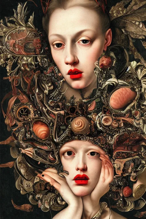 Prompt: Detailed maximalist portrait with large lips and with large, wide eyes, expressive, extra flesh, HD mixed media, 3D collage, highly detailed and intricate, surreal, illustration in the style of Caravaggio, dark art, baroque