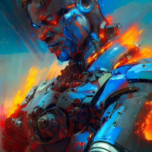 Prompt: hellish cyborg, blue flames, painting by greg ruthowski, yoji shinkawa, yoshikata amano, alphonse murac, craig mullins, beautiful artwork, highly detailed and intricate, award - winning, collaborative artwork, detailed, 4 k, 8 k, artstation