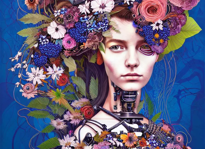 Image similar to a painting of a beautiful cyborg girl with a lot of flowers and blueberries and exotic plants on its head, poster art by android jones, behance contest winner, generative line art, made of flowers, grotesque, concert poster