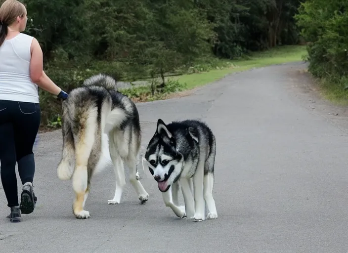 Image similar to Photo of a girl walking a giant husky dog that is as tall as her