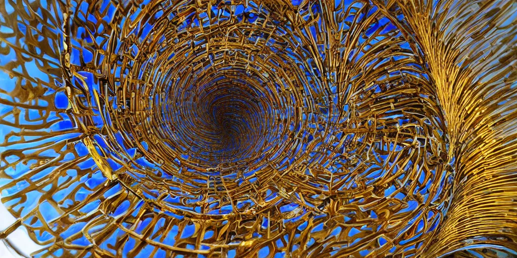 Prompt: wide angle color photo of futurist sculpture of nested fractal spirals. coloured glass with brass inlay.