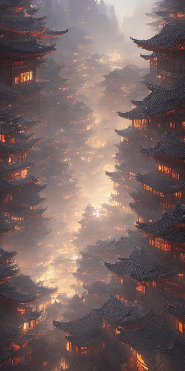 Image similar to a beautiful painting of a ancient big city of china, light effect, unreal engine, super wide angle, by greg rutkowski and yuumei and yanjun chen, trending on artstation