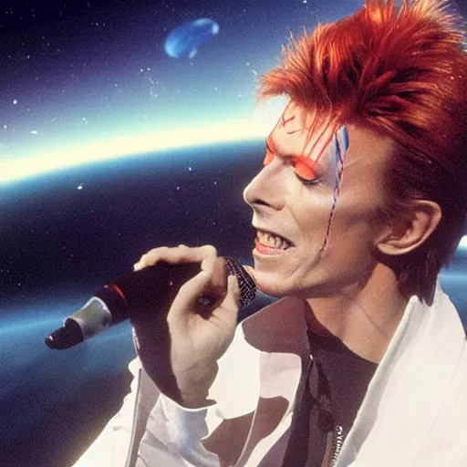 Image similar to david bowie performing on top of a spaceship in space