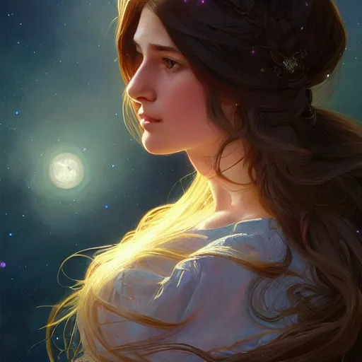 Prompt: girl with super long hair, hair becoming night stars, intricate, highly detailed, digital painting, artstation, concept art, smooth, sharp focus, illustration, unreal engine 5, 8 k, art by artgerm and greg rutkowski and alphonse mucha