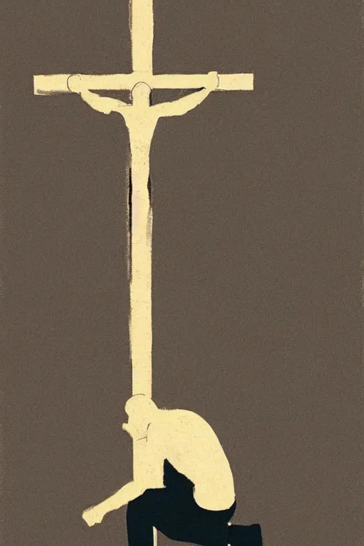 Image similar to man kneeling on the ground in front of a wooden cross, 1960’s minimalist advertising illustration, painterly, expressive brush strokes