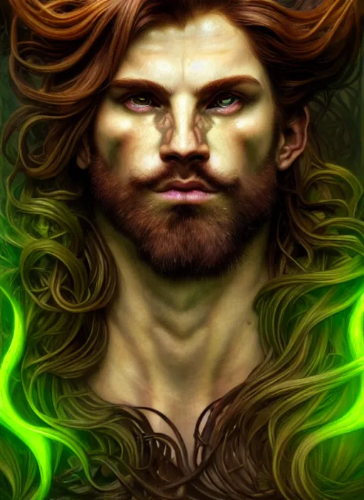 Prompt: portrait of demigod hercules, long wavy auburn hair, wild boar hide, glowing eyes, volumetric lights, green scheme, art nouveau botanicals, gothic, intricate, highly detailed, digital painting, artstation, concept art, smooth, sharp focus, symmetric face, illustration, steampunk, art by artgerm and greg rutkowski and alphonse mucha