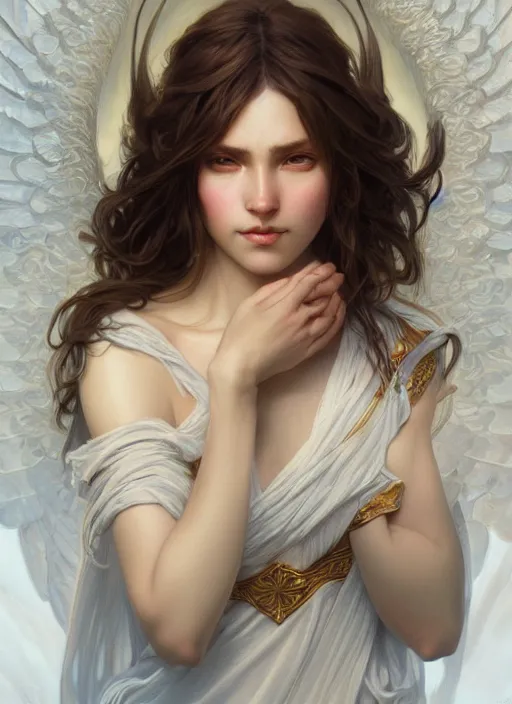 Image similar to close up portrait of beautiful angel, d & d, face, fantasy, intricate, elegant, highly detailed, digital painting, artstation, concept art, smooth, sharp focus, illustration, art by artgerm and greg rutkowski and alphonse mucha