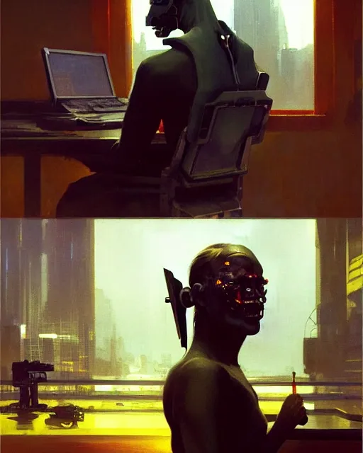 Image similar to cyberpunk ape hacker at the computer. sci - fi art by greg rutkowski, gustave courbet, rosa bonheur, edward hopper. faithfully depicted facial expression, perfect anatomy, sharp focus, global illumination, radiant light, detailed and intricate environment, trending on artstation