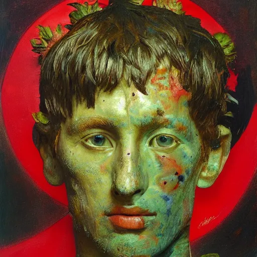 Image similar to a sculpture portrait made of kiwi and strawberries and mud and plants, painting part by wojciech siudmak, part by ilya repin, part by max ernst, part by norman rockwell, artstation