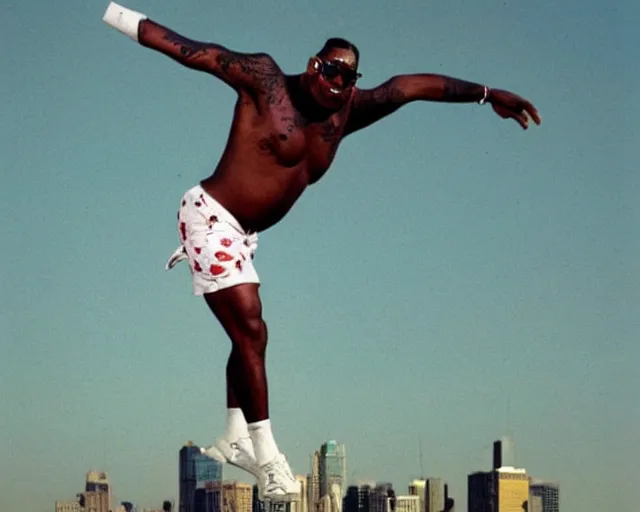 Image similar to dennis rodman t-posing in the air like jordan. he is flying over the city like a delicate little dove