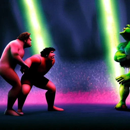 Image similar to shrek vs andre the giant at wrestlemania 8, dramatic lighting, 8k , WWE poster