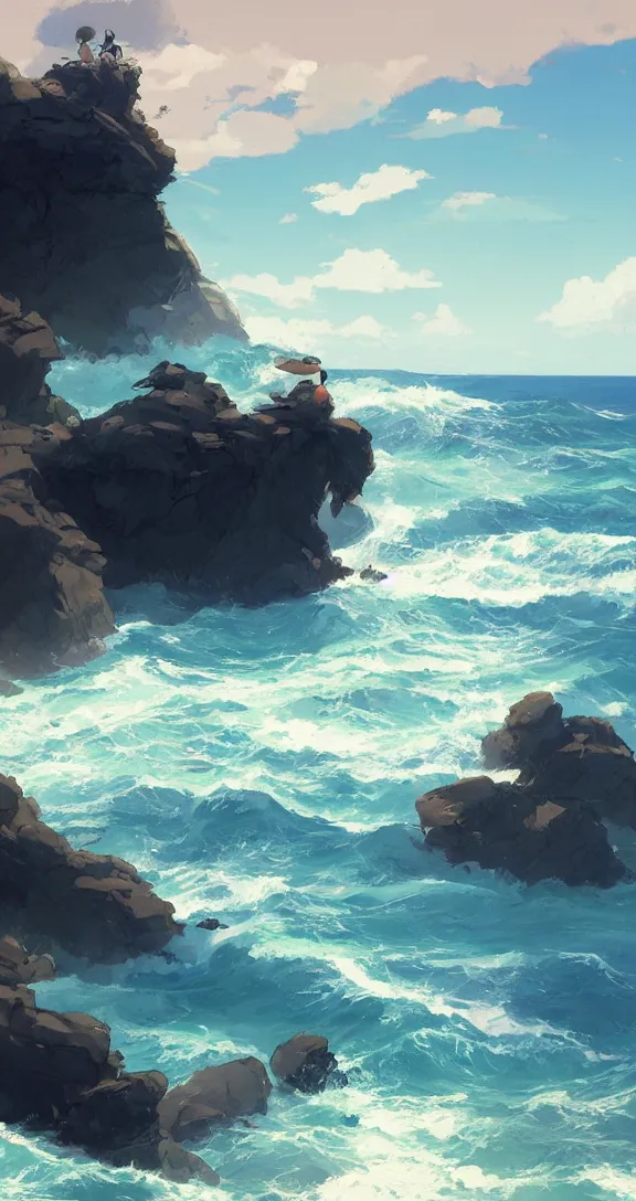 Image similar to Sitting on the rocks Looking out at the waves, lots of ocean, uncluttered, tropical, bright, simple, by Studio Ghibli and Greg Rutkowski, artstation