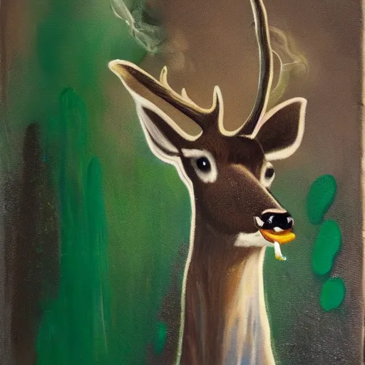 Prompt: deer with a cigarette in its mouth and thick smoke coming out of the cigarette, abstract, thick paint, painterly, brown and green palette, dripping paint