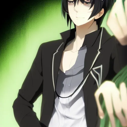 Image similar to full body portrait character concept art, anime key visual of decadent green long straight hair young anime male in black suit, green long straight hair and brown eyes, finely detailed perfect face studio lighting delicate features directed gaze, gapmoe kuudere grimdark, trending on pixiv fanbox, painted by greg rutkowski makoto shinkai takashi takeuchi studio ghibli