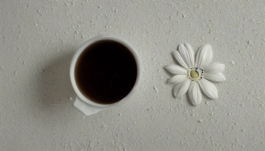 Prompt: a white flower made with milk on a white ceramic floor