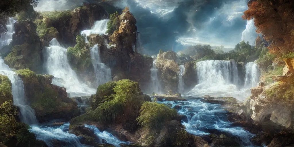 Image similar to creation of the world and heaven with a river of the water of life, clear as crystal, flowing from the throne of god and of the lamb by daniel f. gerhartz and matt stewart and thomas cole and albert bierstadt, fantasy, photorealistic, octane render, unreal engine, dynamic lighting