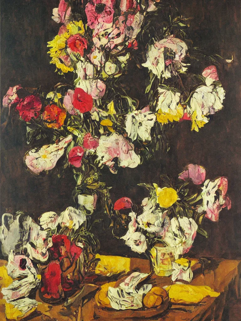 Image similar to a surreal painting of a breakfast still life, flowers, by George Baselitz, symbolist, soft colors, dramatic lighting, smooth, sharp focus, extremely detailed, aesthetically pleasing composition