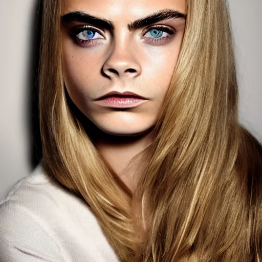 Prompt: photo of a gorgeous 20-year-old Cara Delevingne 1975 hairstyle by Mario Testino, detailed, head shot, award winning, Sony a7R -