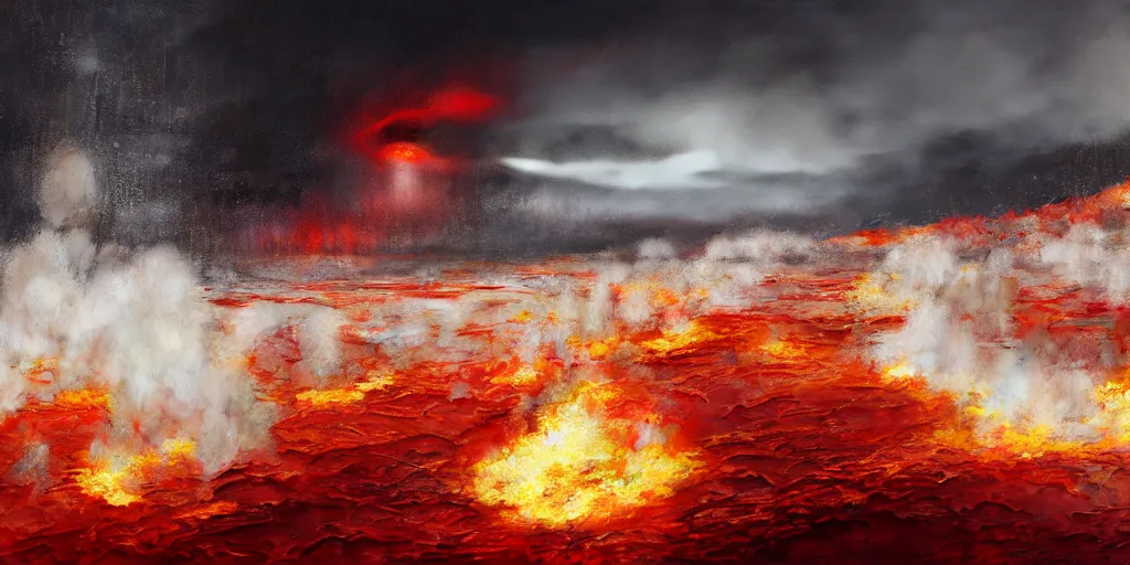 Image similar to a boiling roiling and flaming red sea, geysers of steam, illustration, raining, dark and moody lighting, at night, digital art, oil painting, fantasy, 8 k, trending on artstation, detailed